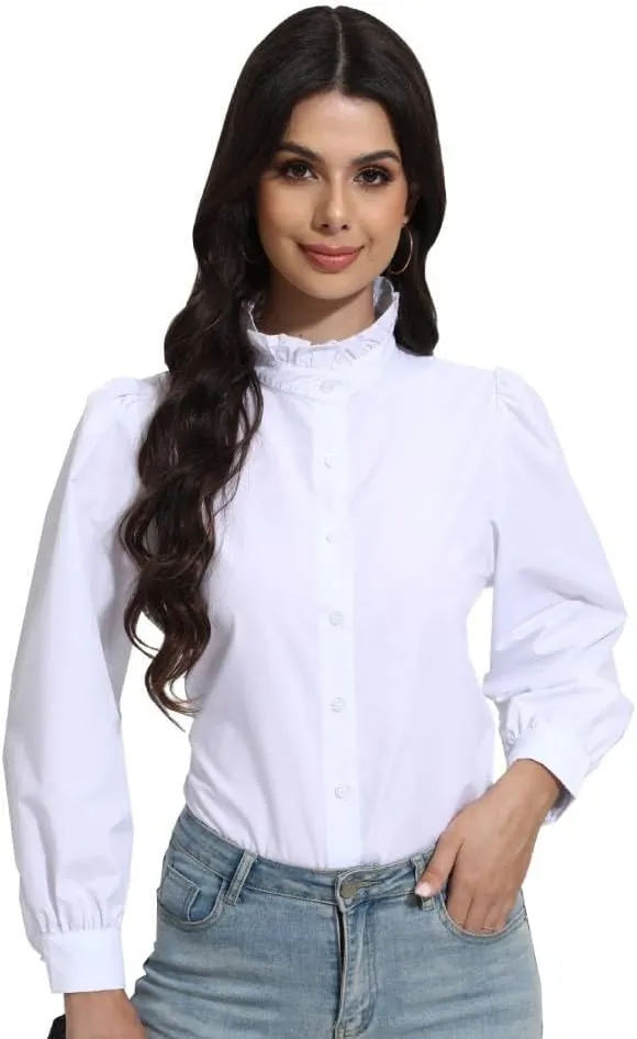 SUNNOW Women's White Button Down Shirt Ruffle Stand Collar Long Sleeve Blouse Business Casual Top