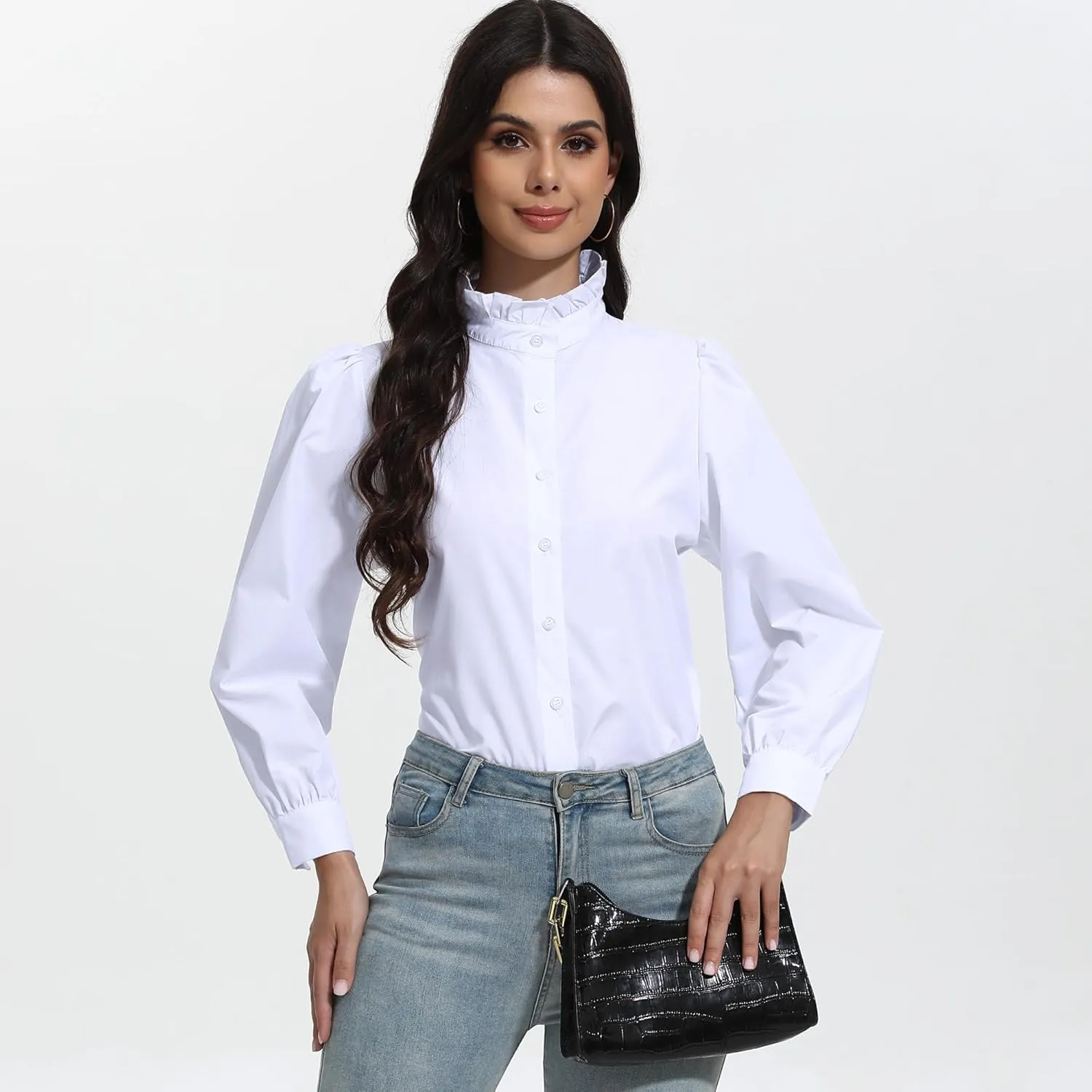 SUNNOW Women's White Button Down Shirt Ruffle Stand Collar Long Sleeve Blouse Business Casual Top