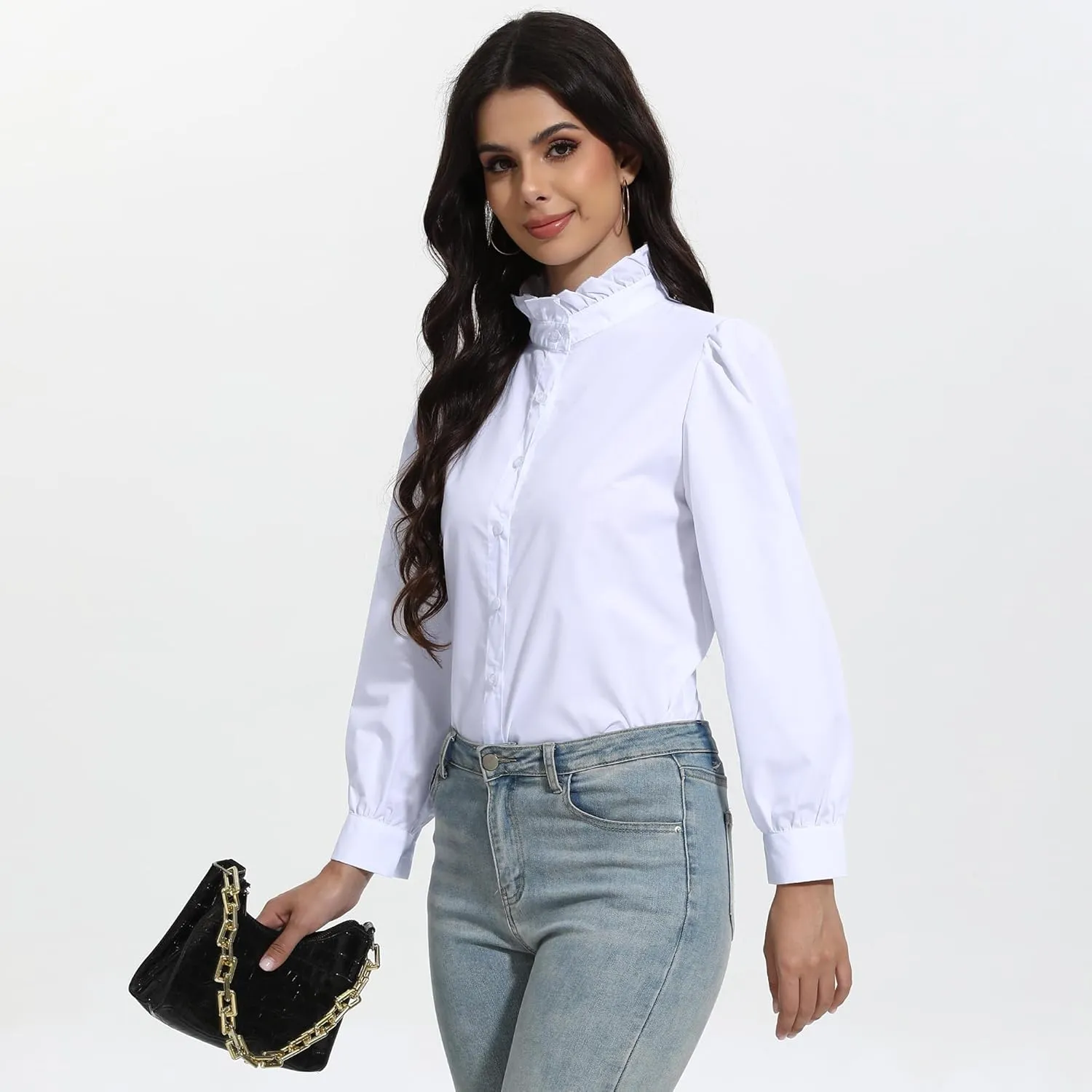 SUNNOW Women's White Button Down Shirt Ruffle Stand Collar Long Sleeve Blouse Business Casual Top