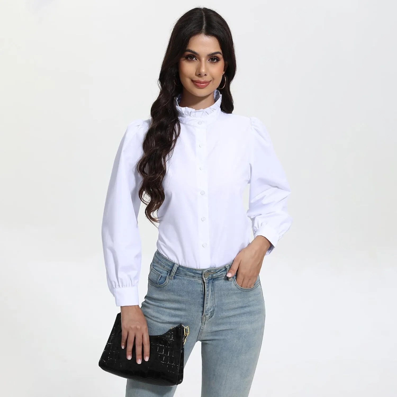 SUNNOW Women's White Button Down Shirt Ruffle Stand Collar Long Sleeve Blouse Business Casual Top