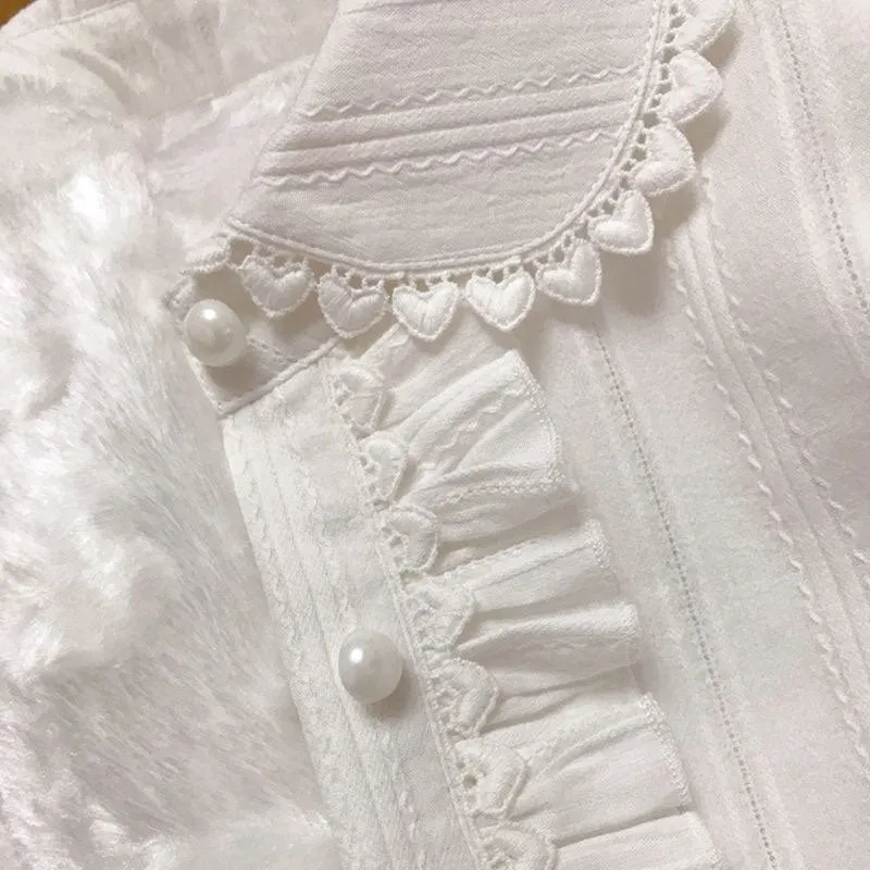 Sweet Ruffled Fleeced Women's Blouse Long Sleeve Button Down Cotton Lolita Shirt