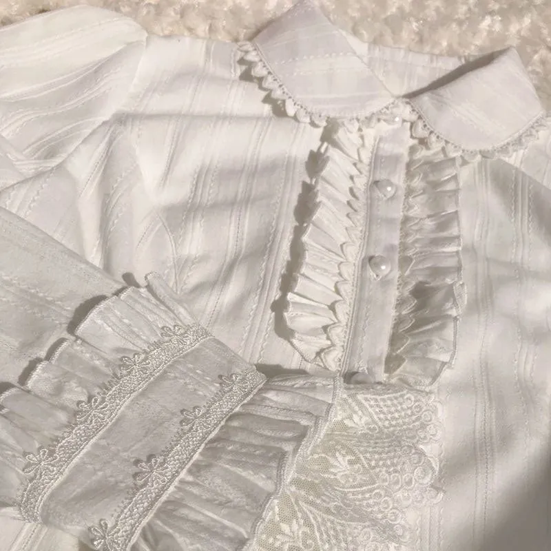 Sweet Ruffled Fleeced Women's Blouse Long Sleeve Button Down Cotton Lolita Shirt