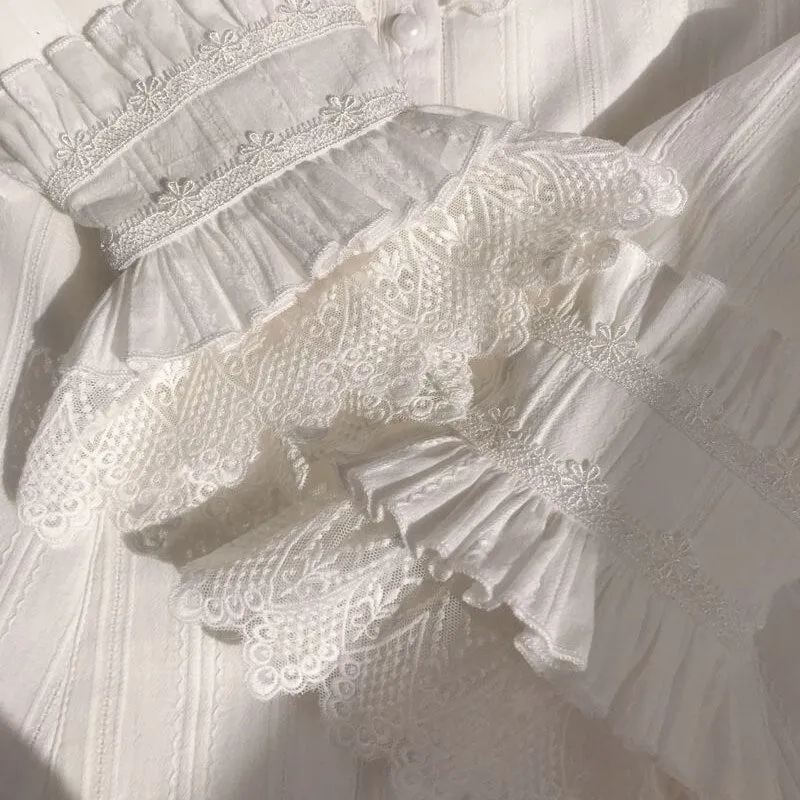 Sweet Ruffled Fleeced Women's Blouse Long Sleeve Button Down Cotton Lolita Shirt