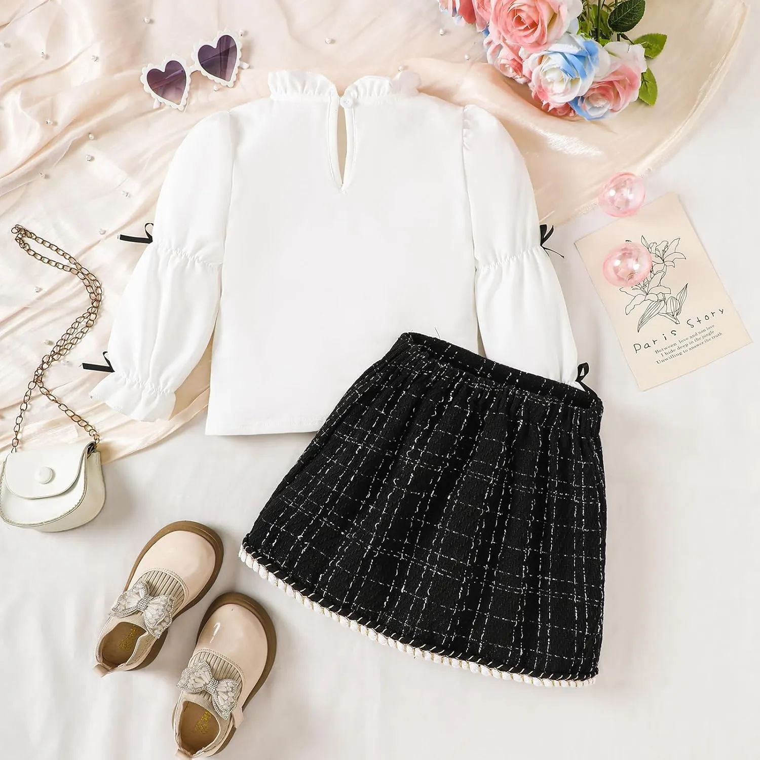 Toddler Baby Girl Two Piece Fall Outfits Puff Sleeve Ruffled Collar Shirt Top Tweed Plaid Skirt Kids Girls Clothes