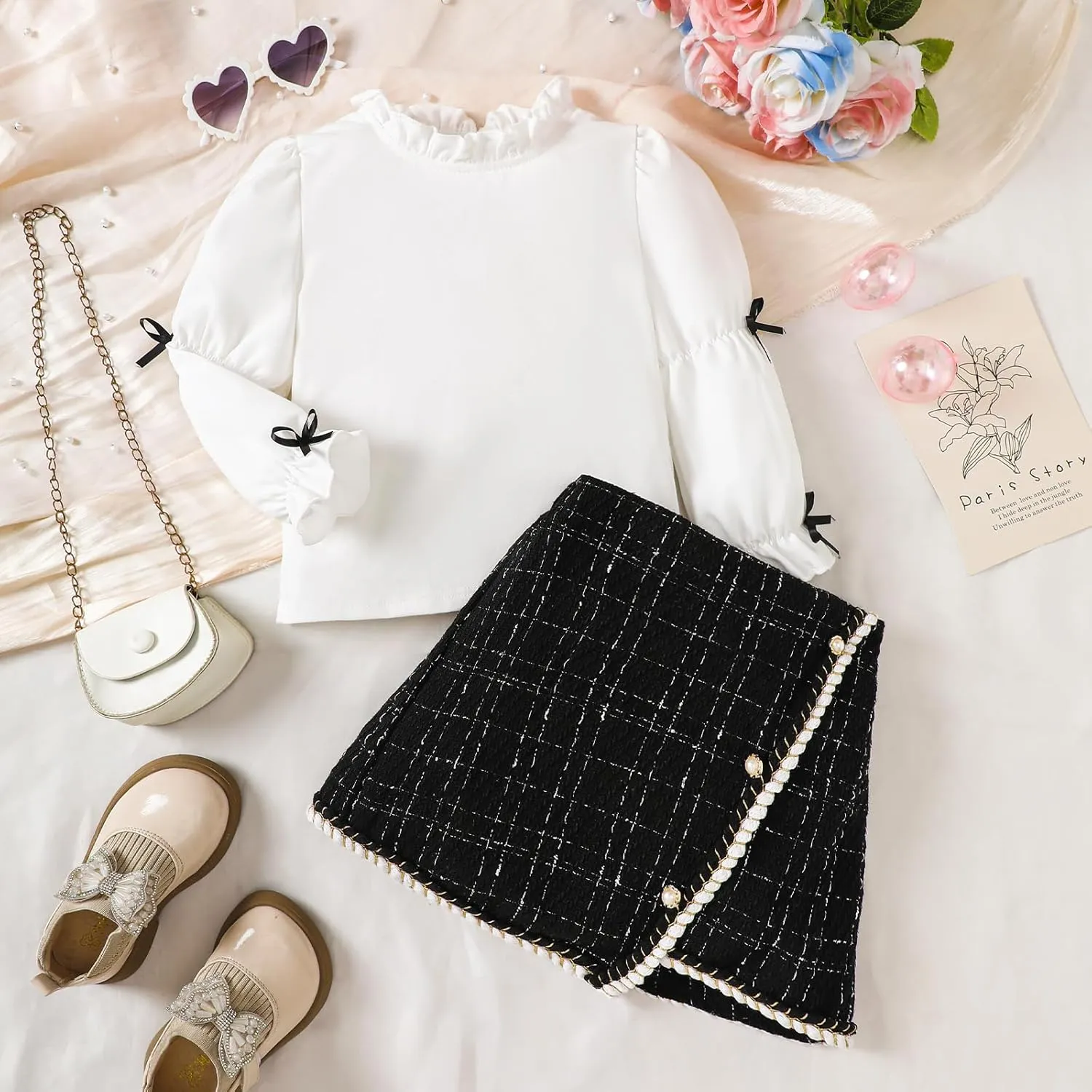 Toddler Baby Girl Two Piece Fall Outfits Puff Sleeve Ruffled Collar Shirt Top Tweed Plaid Skirt Kids Girls Clothes