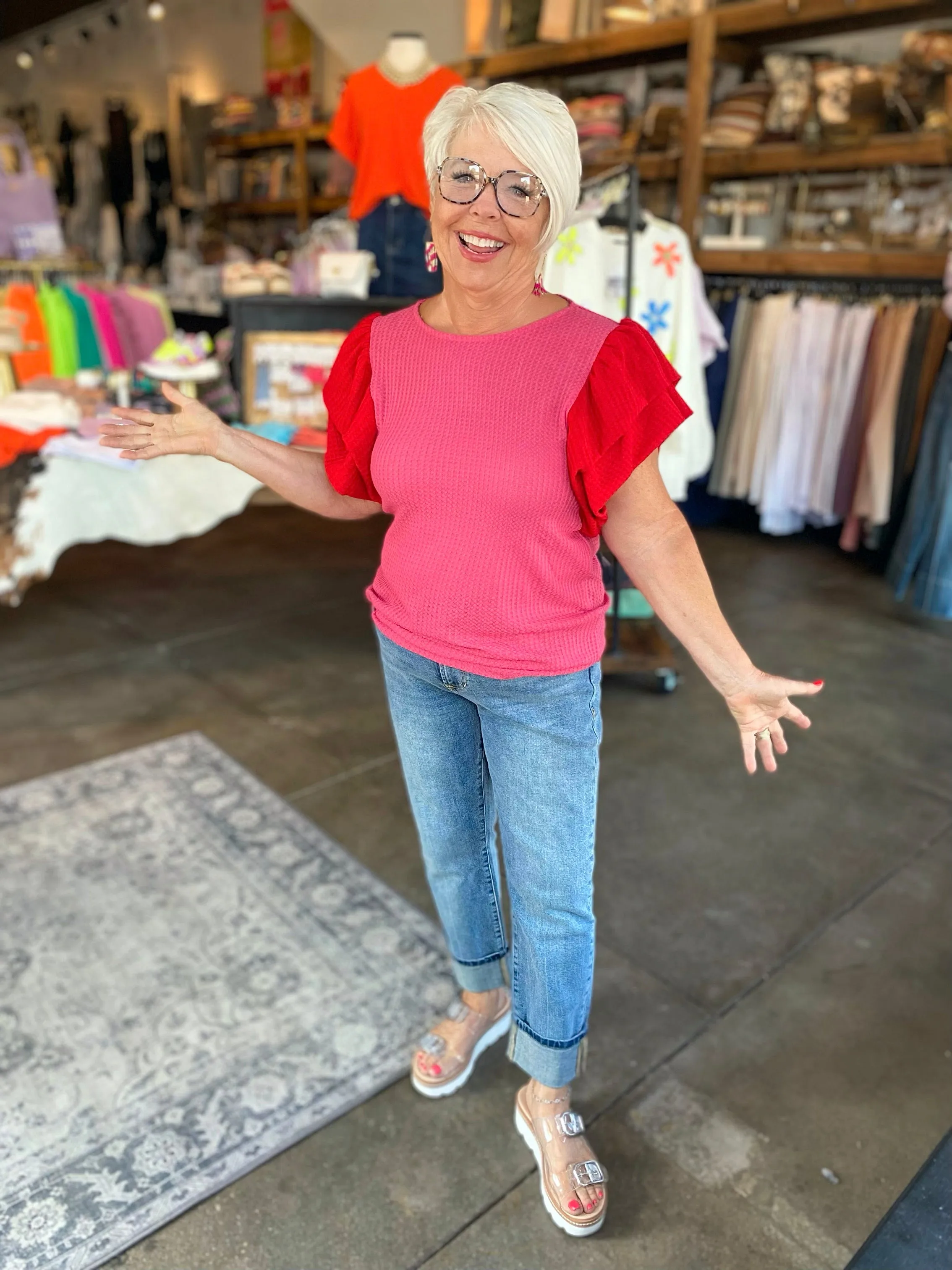 Tory Red / Hot Pink ruffled Sleeve top