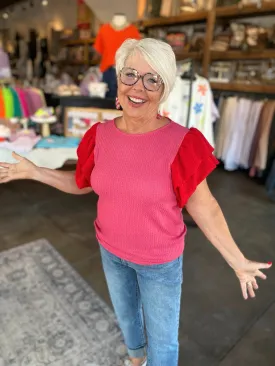 Tory Red / Hot Pink ruffled Sleeve top