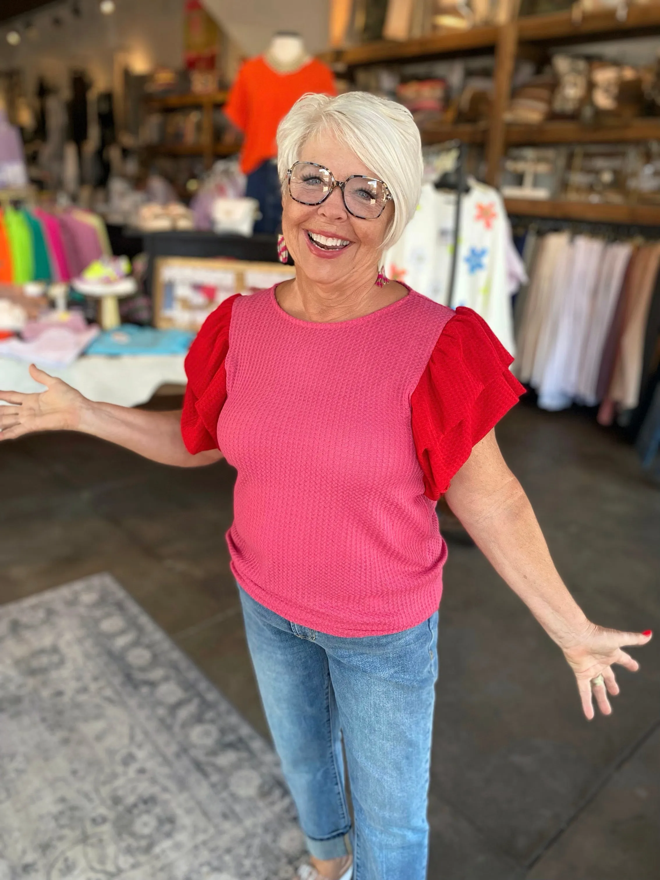 Tory Red / Hot Pink ruffled Sleeve top