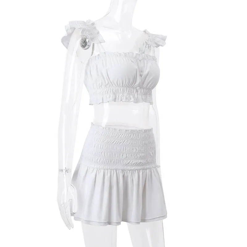 White Ruched Bandeau Top Graceful And Mini Skirt Set