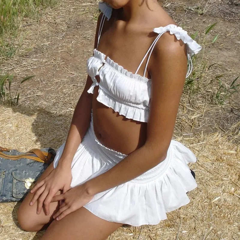White Ruched Bandeau Top Graceful And Mini Skirt Set