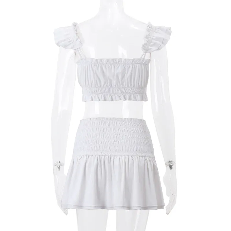 White Ruched Bandeau Top Graceful And Mini Skirt Set
