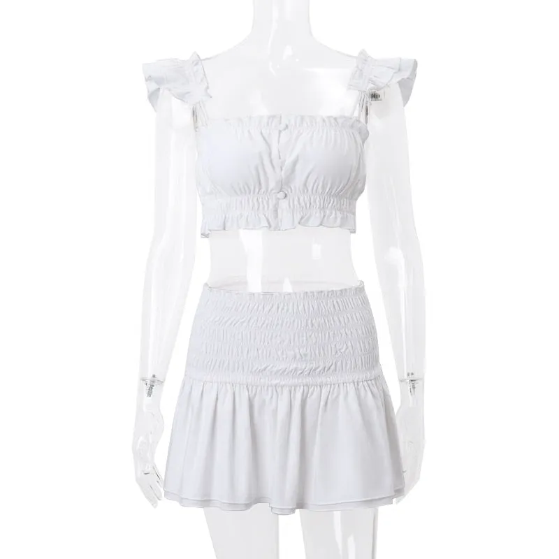 White Ruched Bandeau Top Graceful And Mini Skirt Set