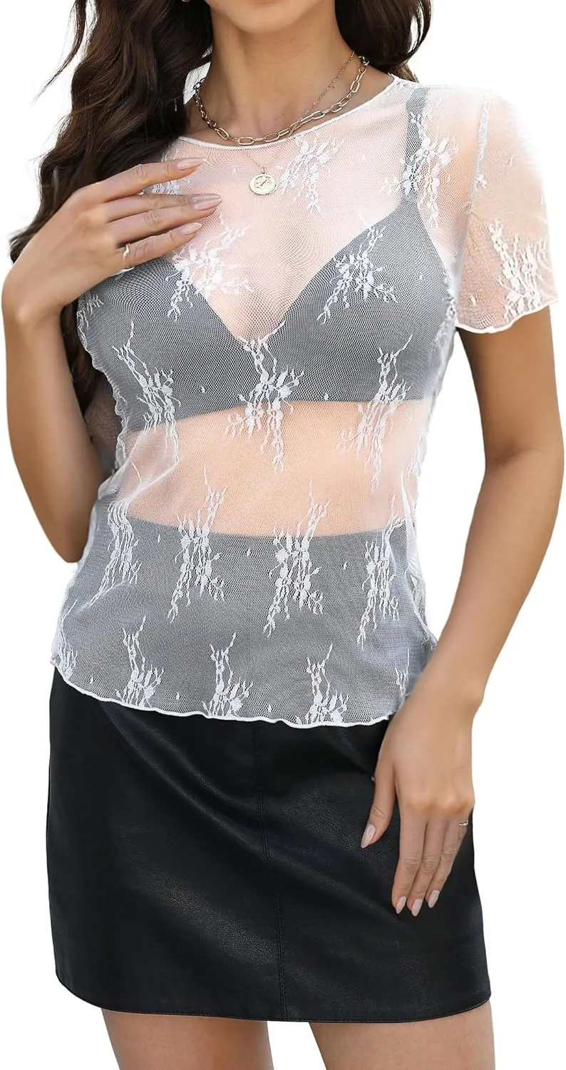 WIHOLL Womens Short Sleeve Mesh Tops Sexy Crew Neck Summer Loose FIt Party Clubwear Shirts