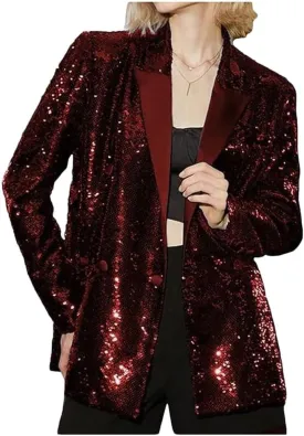 Women's Double Breasted Sequins Blazer Notch Lapel Loose Style Jacket with Long Sleeves Prom Coat