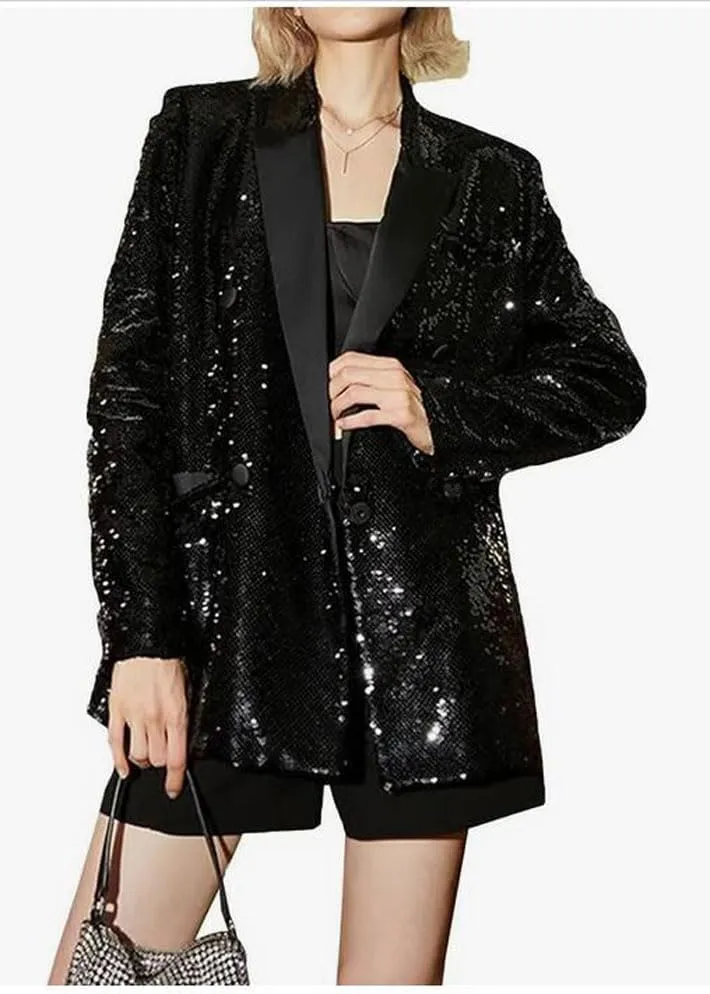 Women's Double Breasted Sequins Blazer Notch Lapel Loose Style Jacket with Long Sleeves Prom Coat