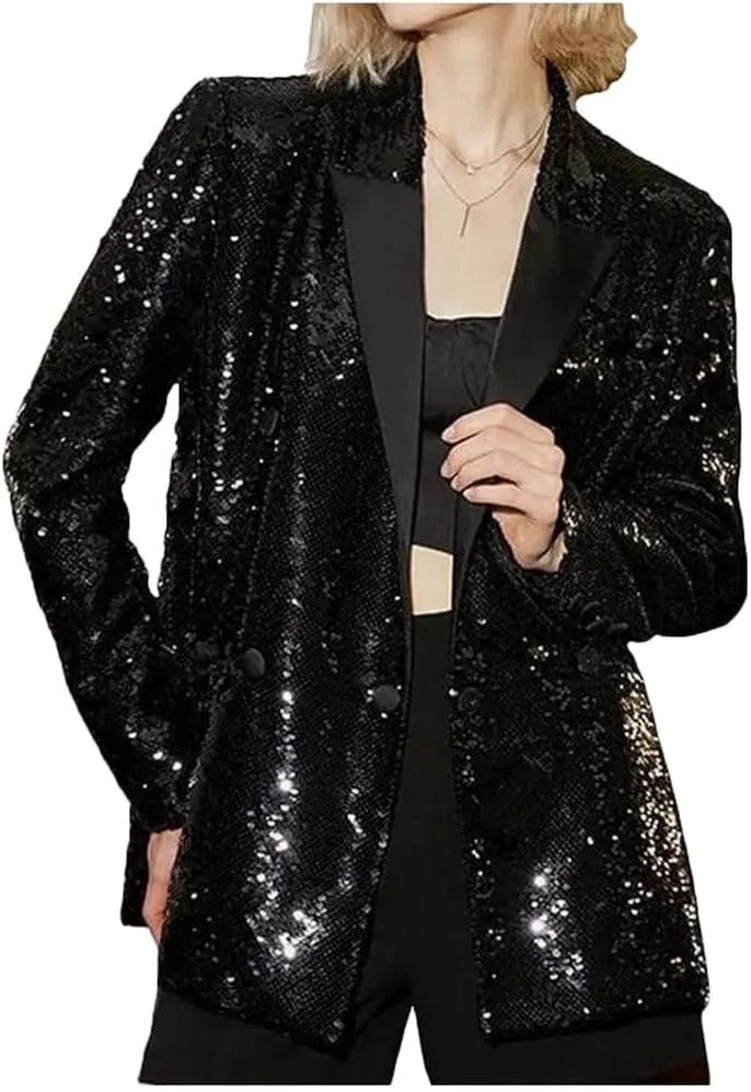 Women's Double Breasted Sequins Blazer Notch Lapel Loose Style Jacket with Long Sleeves Prom Coat