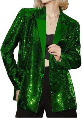 Women's Double Breasted Sequins Blazer Notch Lapel Loose Style Jacket with Long Sleeves Prom Coat