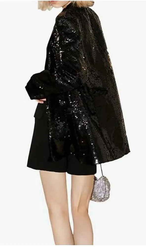 Women's Double Breasted Sequins Blazer Notch Lapel Loose Style Jacket with Long Sleeves Prom Coat