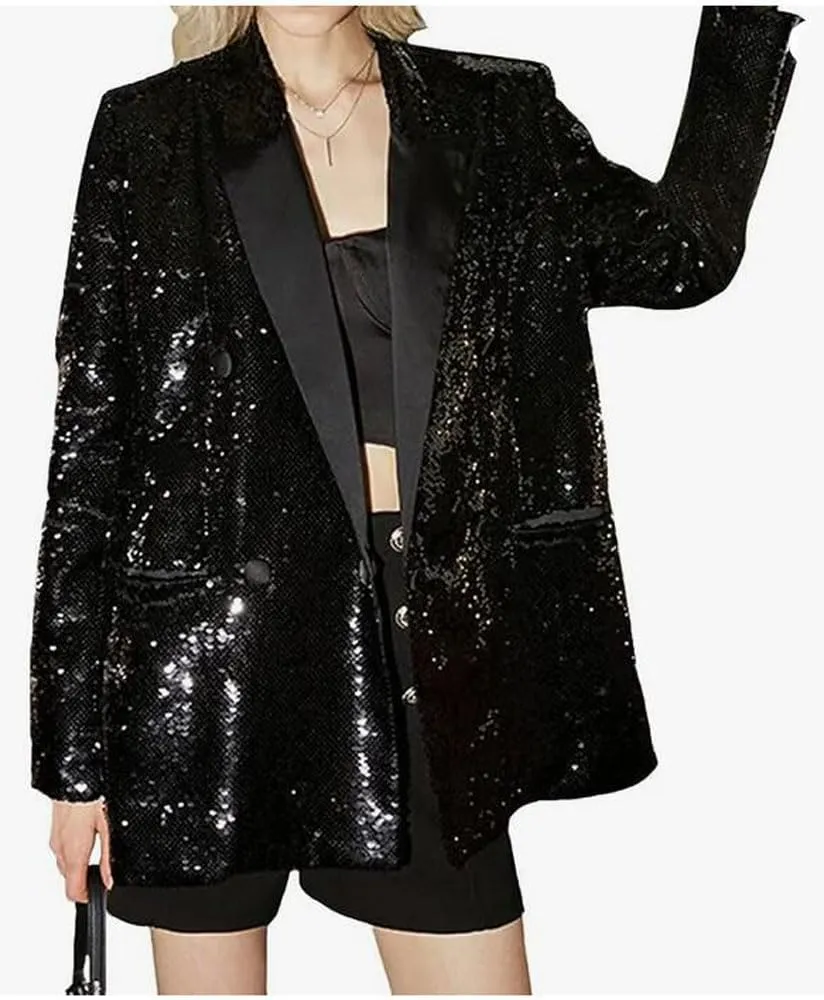 Women's Double Breasted Sequins Blazer Notch Lapel Loose Style Jacket with Long Sleeves Prom Coat