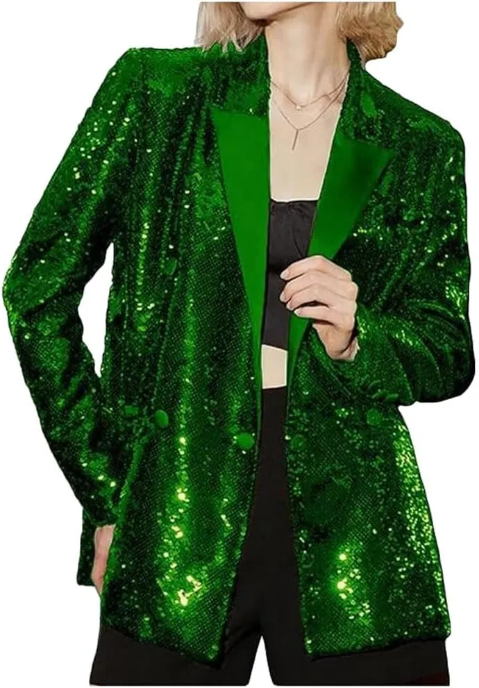 Women's Double Breasted Sequins Blazer Notch Lapel Loose Style Jacket with Long Sleeves Prom Coat