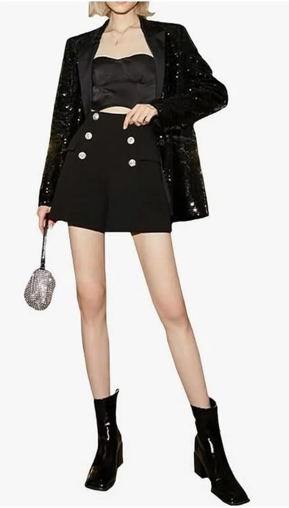 Women's Double Breasted Sequins Blazer Notch Lapel Loose Style Jacket with Long Sleeves Prom Coat