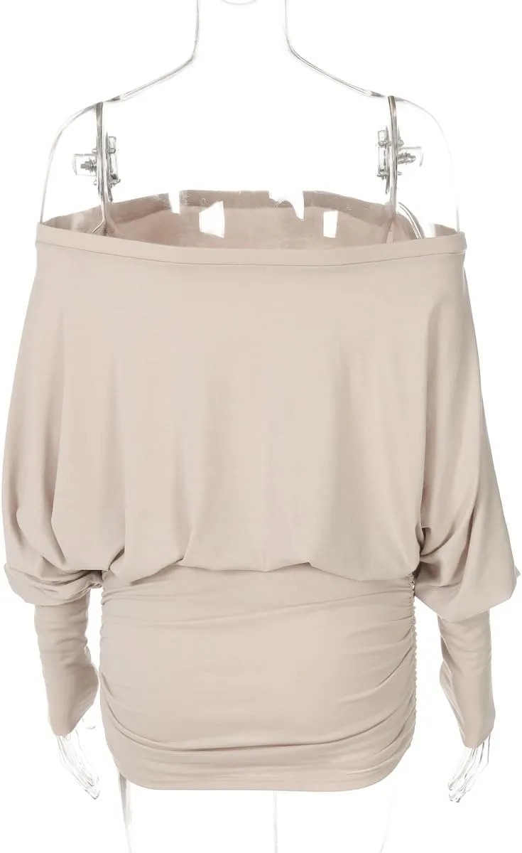 Womens Off The Shoulder Mini Dress Ruched Batwing Sleeve Strapless Dress Y2K Long Sleeve Nightout Streetwear Club Slim Skirt
