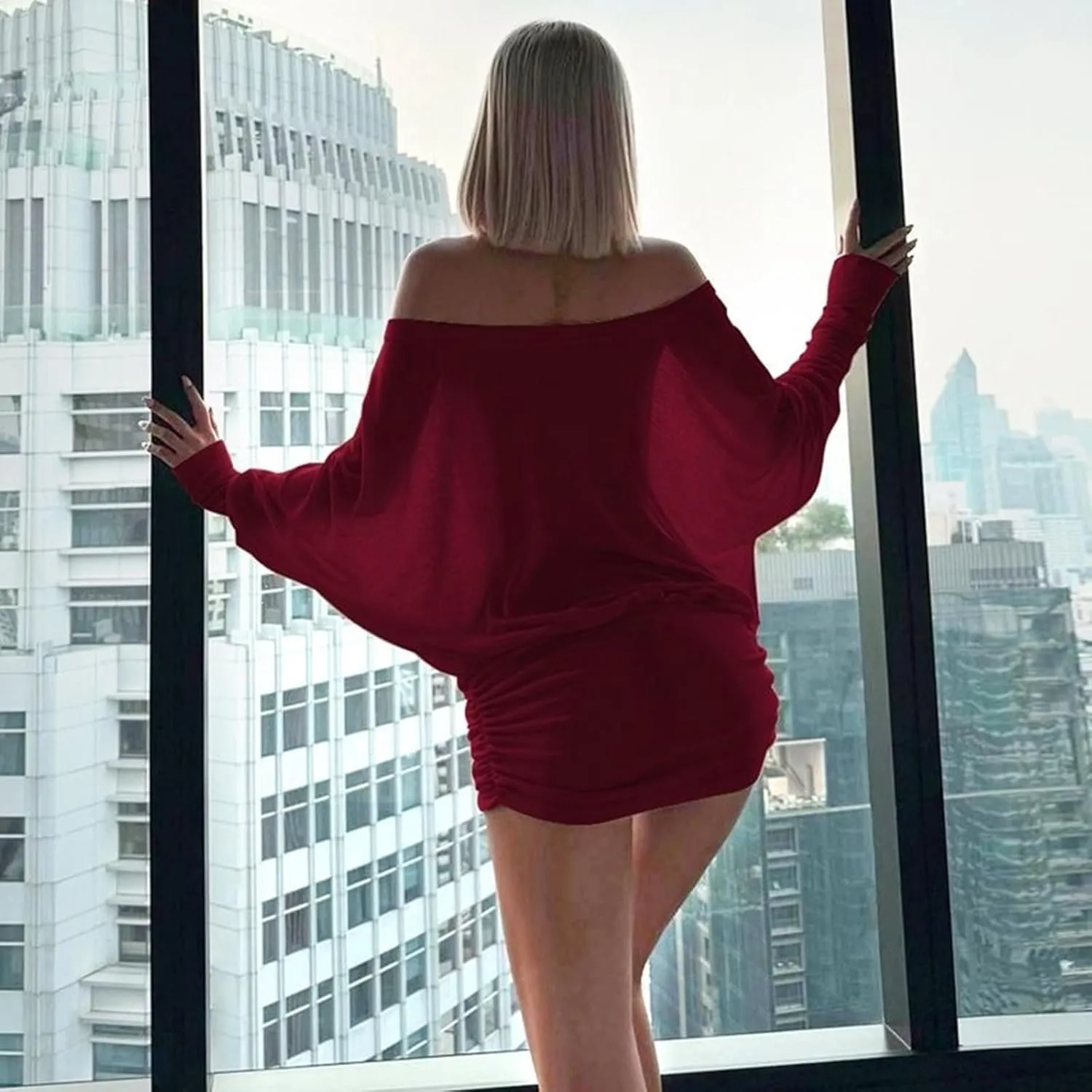 Womens Off The Shoulder Mini Dress Ruched Batwing Sleeve Strapless Dress Y2K Long Sleeve Nightout Streetwear Club Slim Skirt