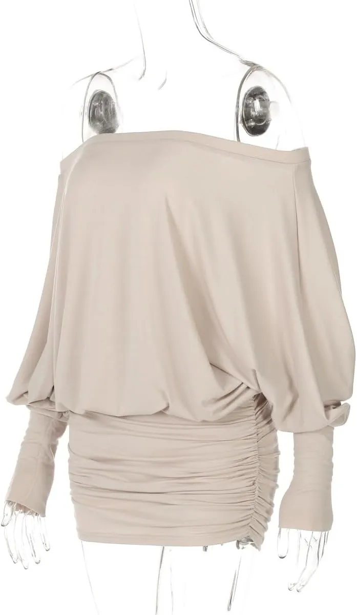Womens Off The Shoulder Mini Dress Ruched Batwing Sleeve Strapless Dress Y2K Long Sleeve Nightout Streetwear Club Slim Skirt