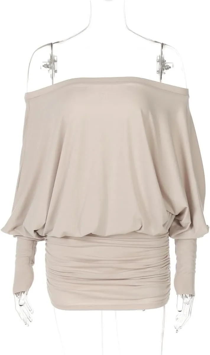Womens Off The Shoulder Mini Dress Ruched Batwing Sleeve Strapless Dress Y2K Long Sleeve Nightout Streetwear Club Slim Skirt