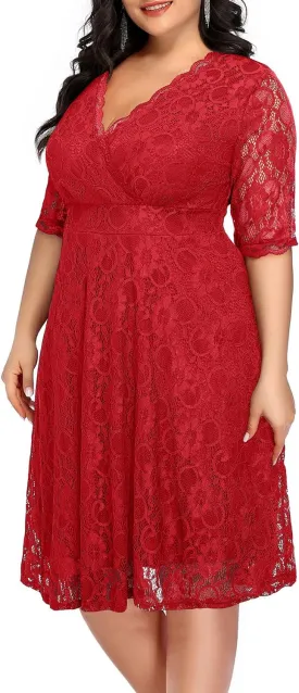 Women's Plus Size Wedding Guest Cocktail Party Semi Formal Lace Wrap V Neck Knee Length Dress