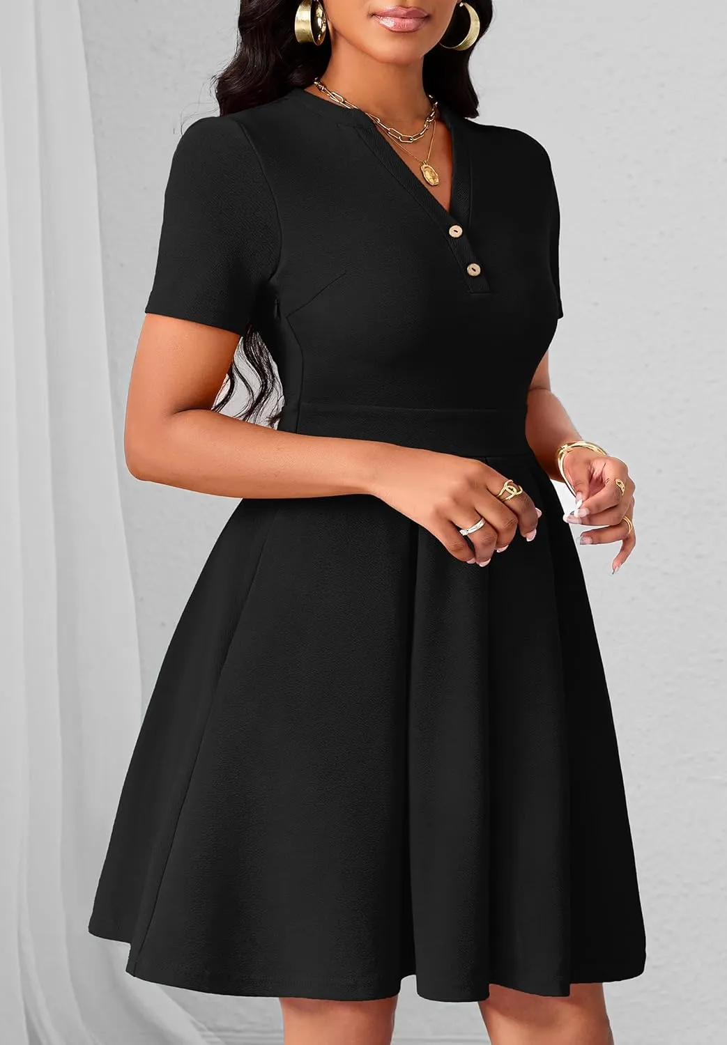 Womens Short Sleeve V Neck Casual Semi-Formal Dress Wedding Guest Cocktail Dresses with Pockets