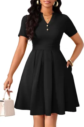 Womens Short Sleeve V Neck Casual Semi-Formal Dress Wedding Guest Cocktail Dresses with Pockets