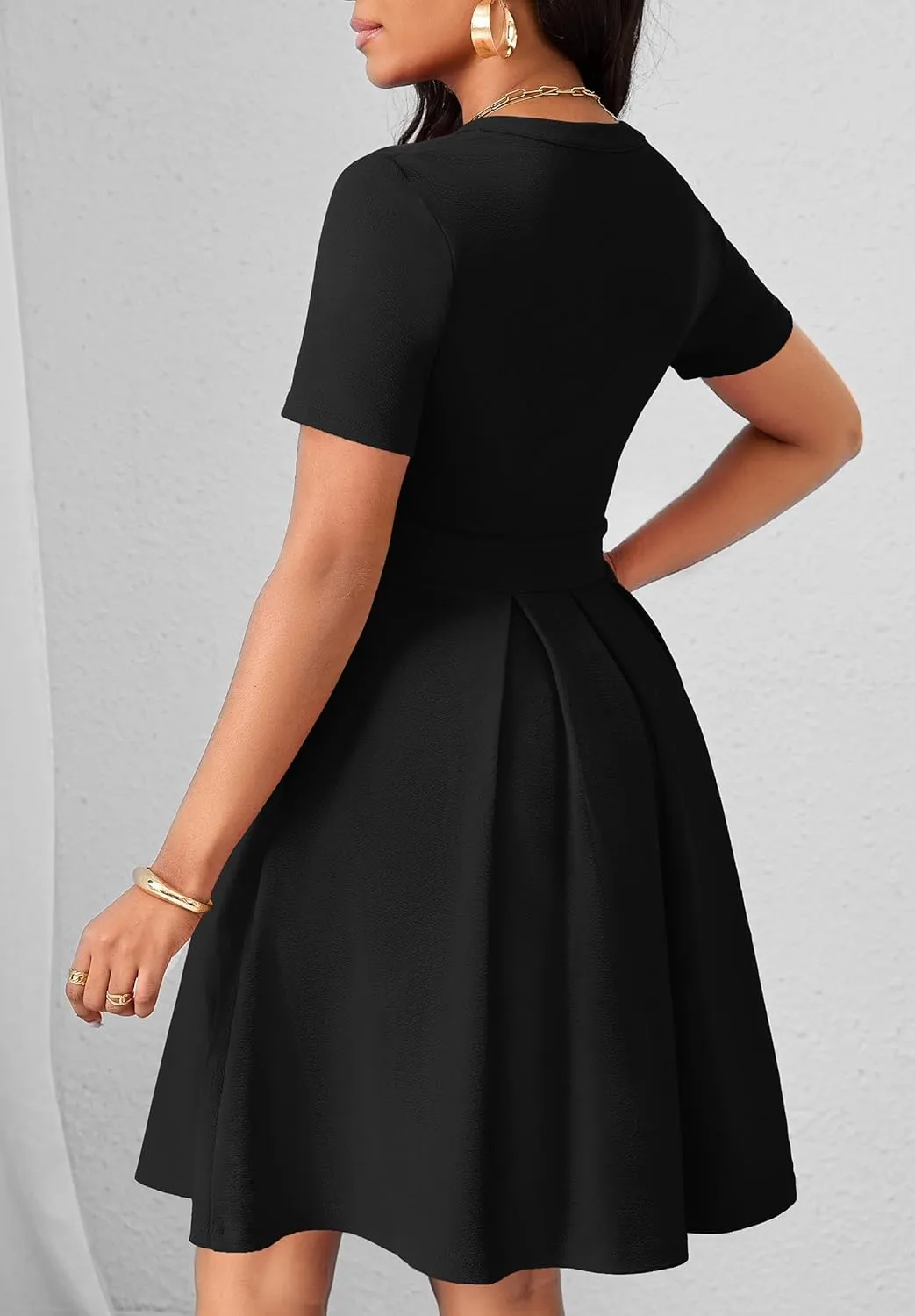 Womens Short Sleeve V Neck Casual Semi-Formal Dress Wedding Guest Cocktail Dresses with Pockets