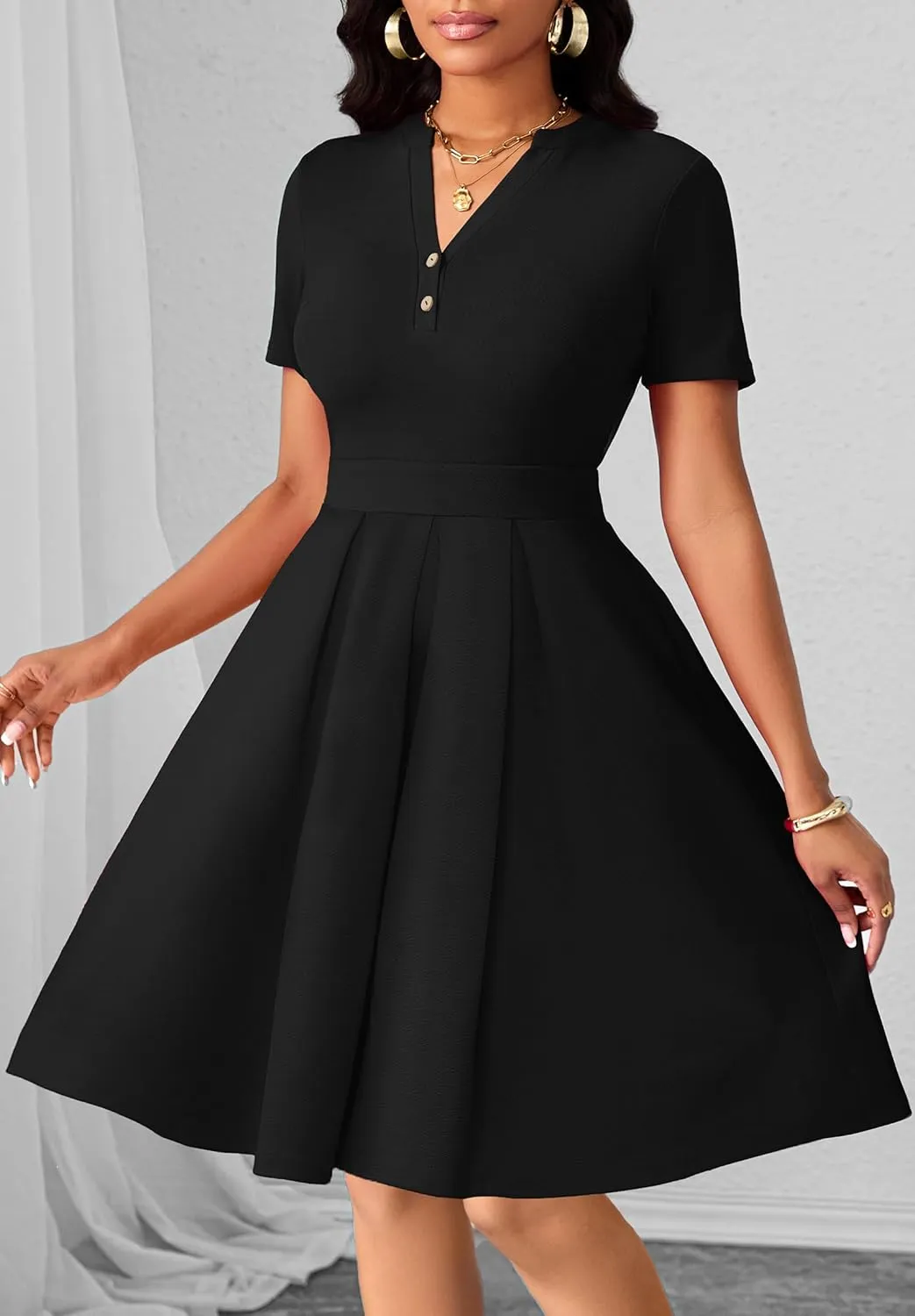 Womens Short Sleeve V Neck Casual Semi-Formal Dress Wedding Guest Cocktail Dresses with Pockets