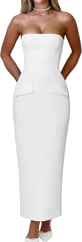YMDUCH Women's Sexy Strapless Bodycon Tube Dresses Back Slit Formal Party Midi Dress