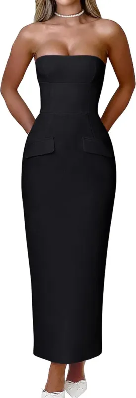 YMDUCH Women's Sexy Strapless Bodycon Tube Dresses Back Slit Formal Party Midi Dress