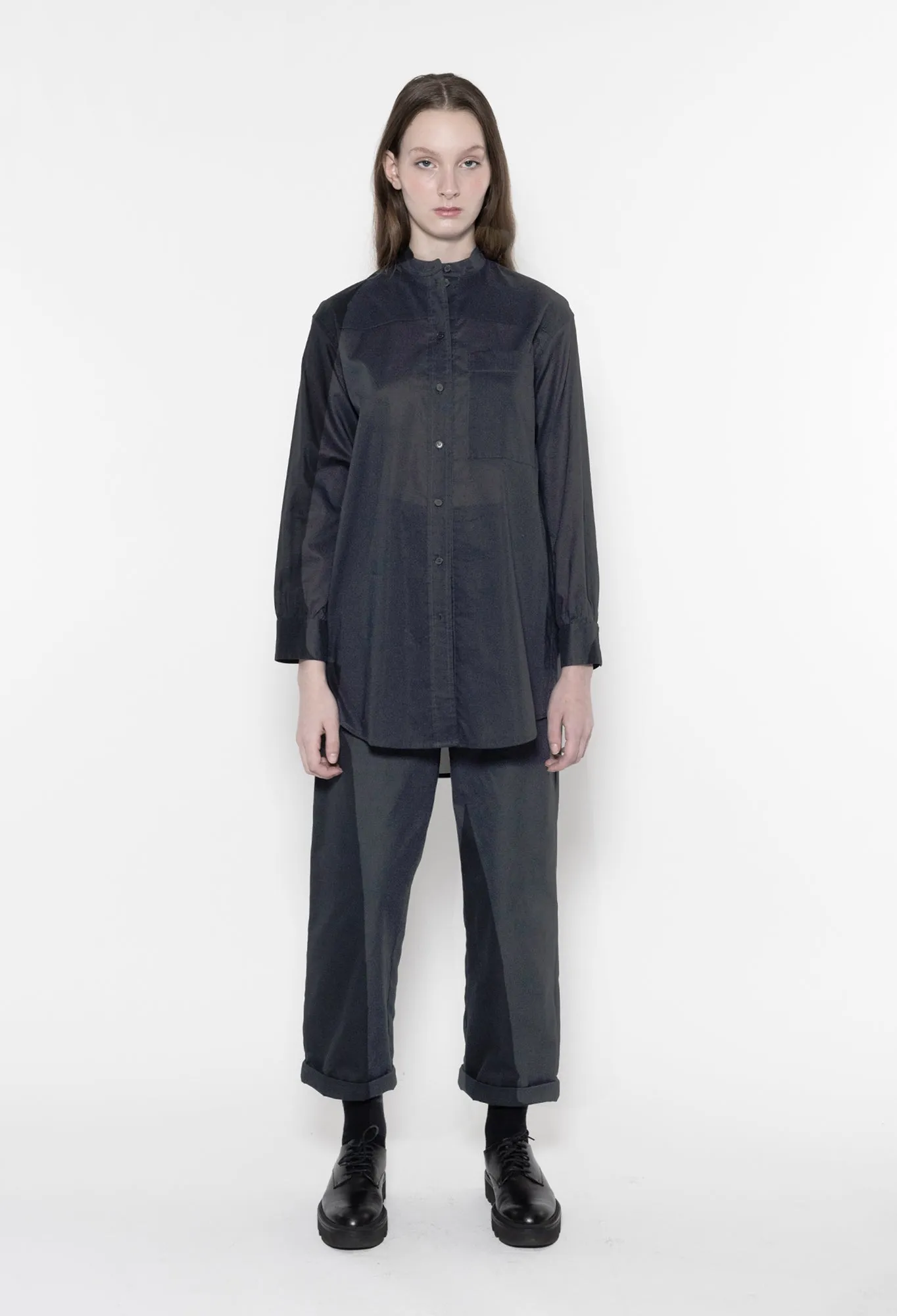 ZORAN - Stand Collar Long Sleeve Cotton Shirt in Black